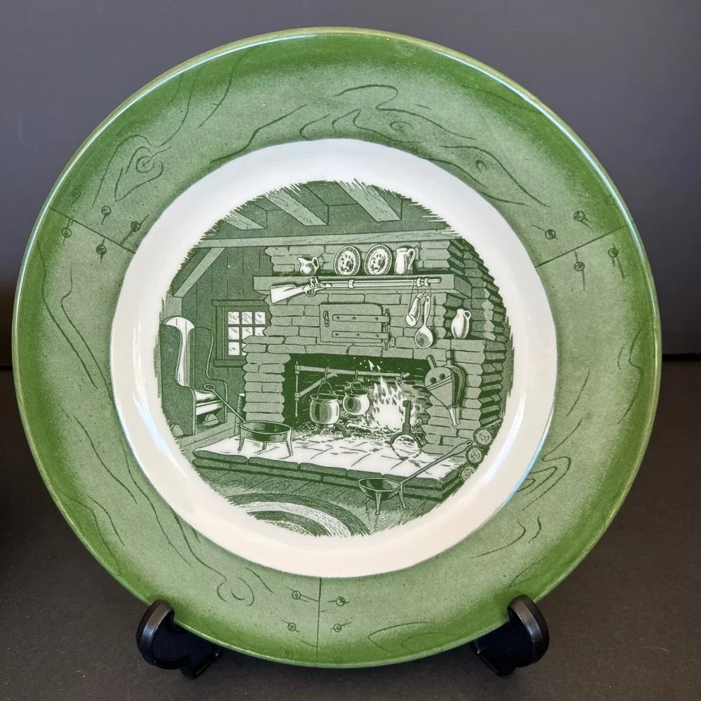 Set of 2 Royal Colonial Homestead Green Dinner Plates 10 Inch Fireplace Scene